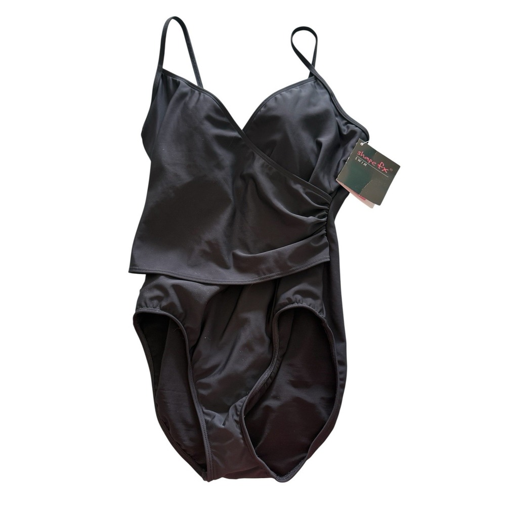 NWT Shape FX Shimmery Black One-Piece Swimsuit Adjustable Straps Tummy Control